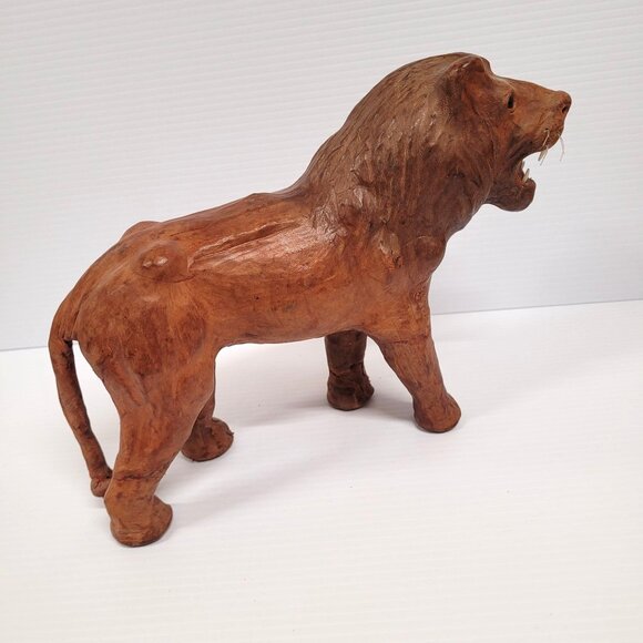 Lion Leather Wrapped Glass Eye Statue Figurine 12'' x 9'' Made in India Vintage - Picture 5 of 10